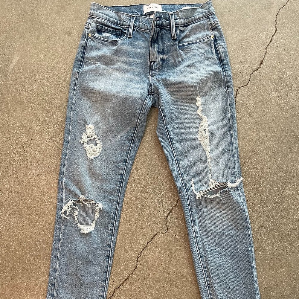 FRAME DENIM Le Garcon Mid Rise Distressed Jeans Denim
